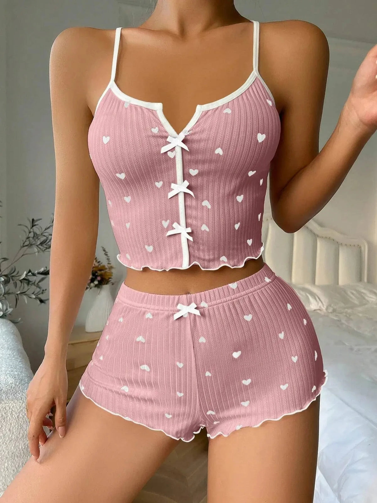 Heart Print Silk Satin Women Pajamas Set