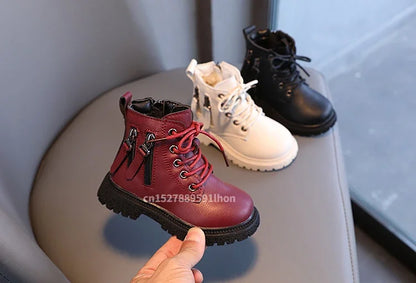 Burgundy PU Leather Ankle Boots for Kids