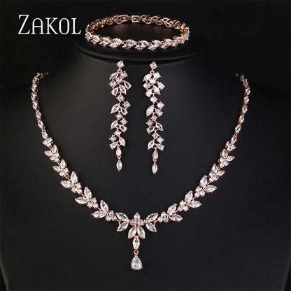 ZAKOL Brilliant Zirconia Leaf Jewelry Set for Women
