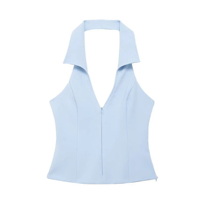 Women Summer 2 Piece Set V-Neck Backless Zipper Top
