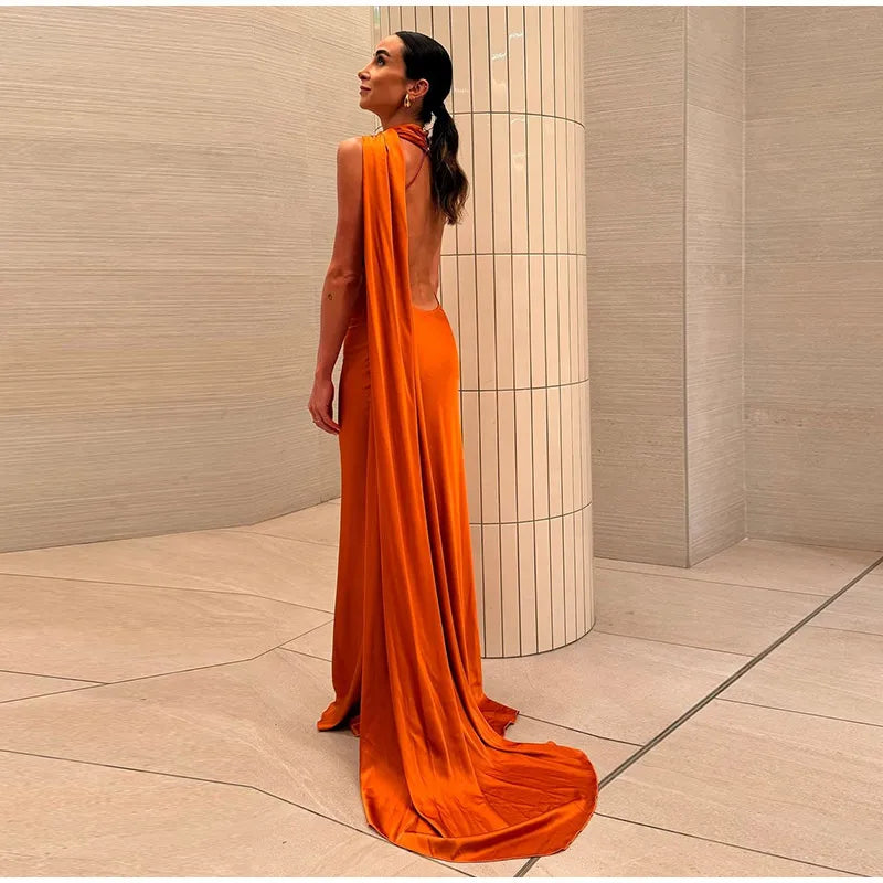 Elegant Halter Dress Women Solid Backless Maxi Dress