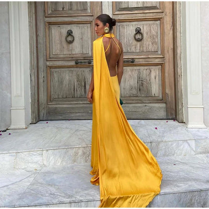 Elegant Halter Dress Women Solid Backless Maxi Dress