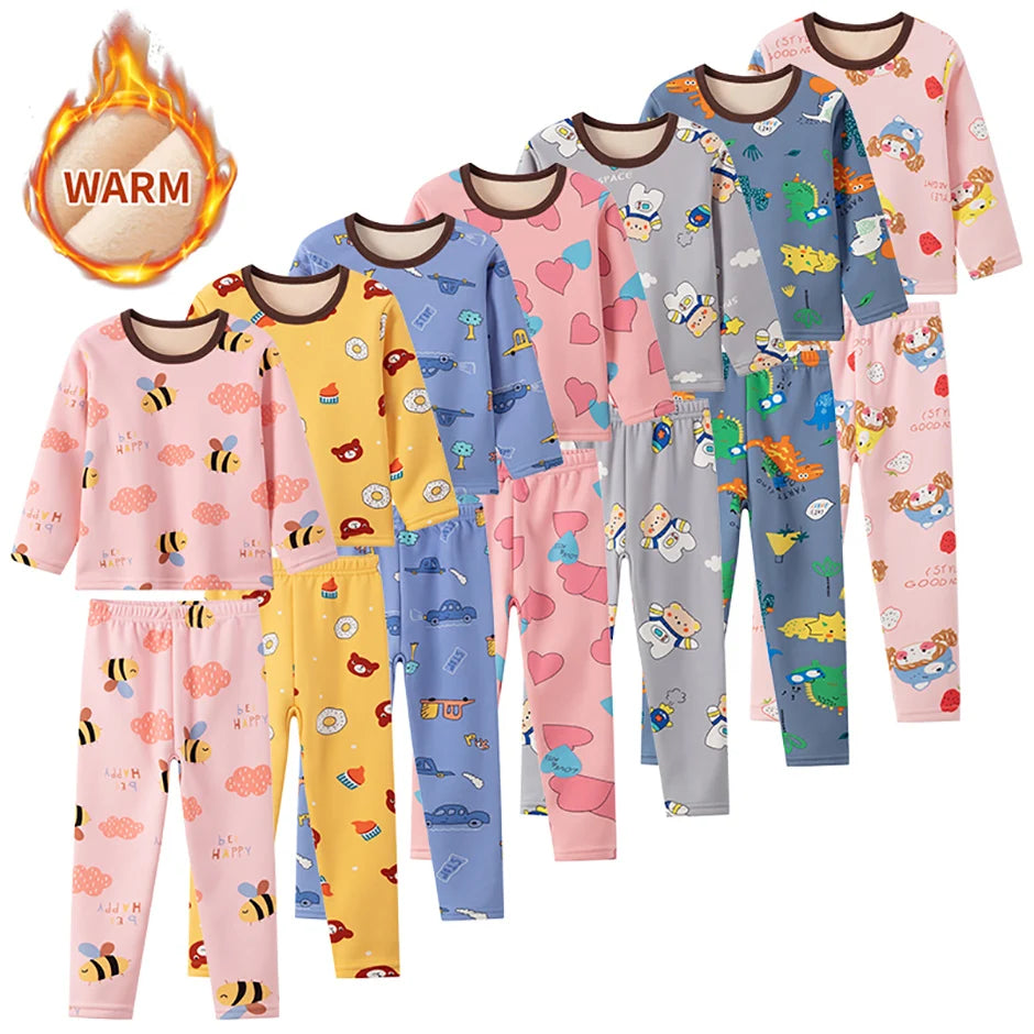 Children's Cartoon Printed Thick Warm Underwear Set