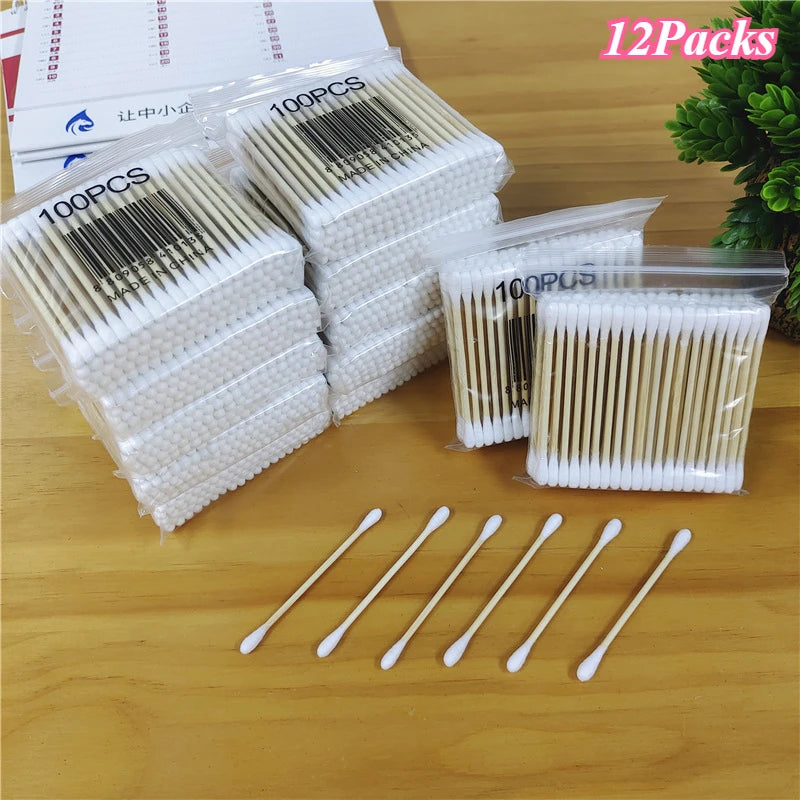 100 Pcs Baby Cotton Swabs with Wooden Sticks