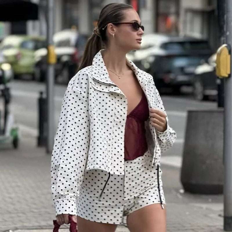 Polka Dot Bomber Jacket Women's Zip Up Crop Coat