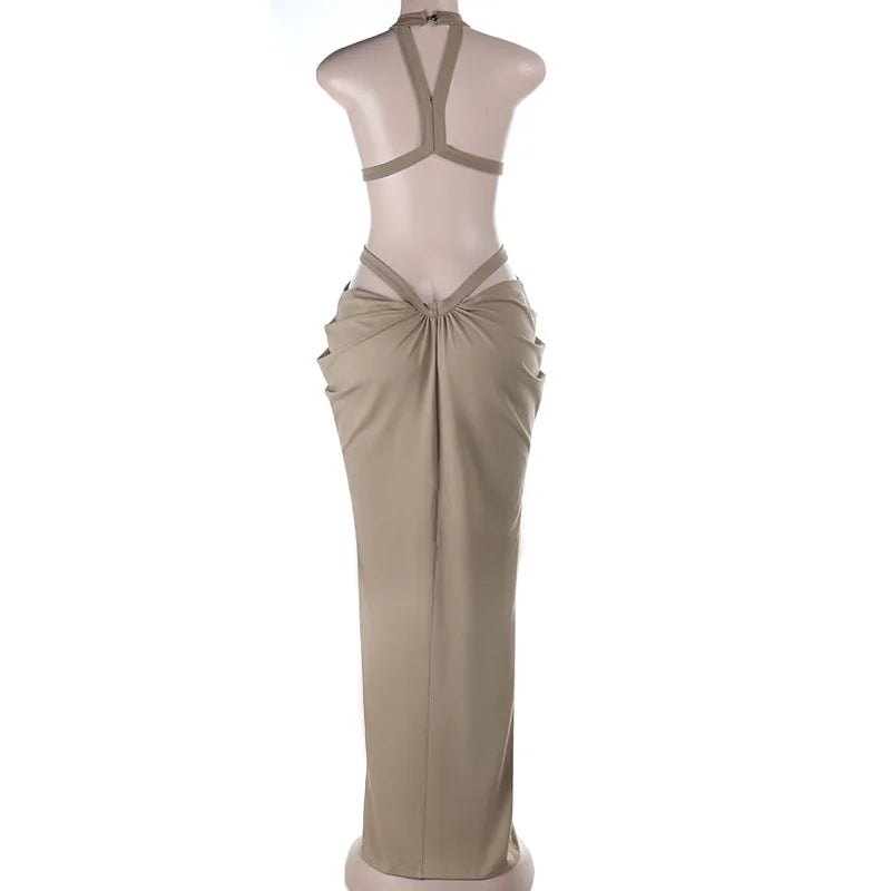 Khaki Halter Cut-Out Maxi Dress for Elegant Parties