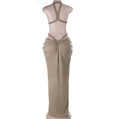 Khaki Halter Cut-Out Maxi Dress for Elegant Parties