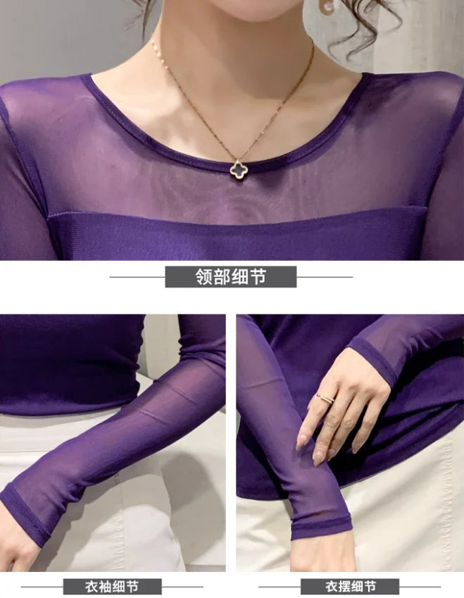 Women Slim Fit Long Sleeve Mesh T-Shirt