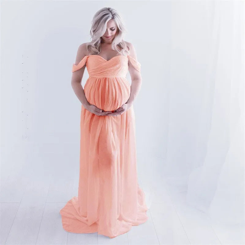 Maternity Lace Chiffon Front Split Dress in Coral Color