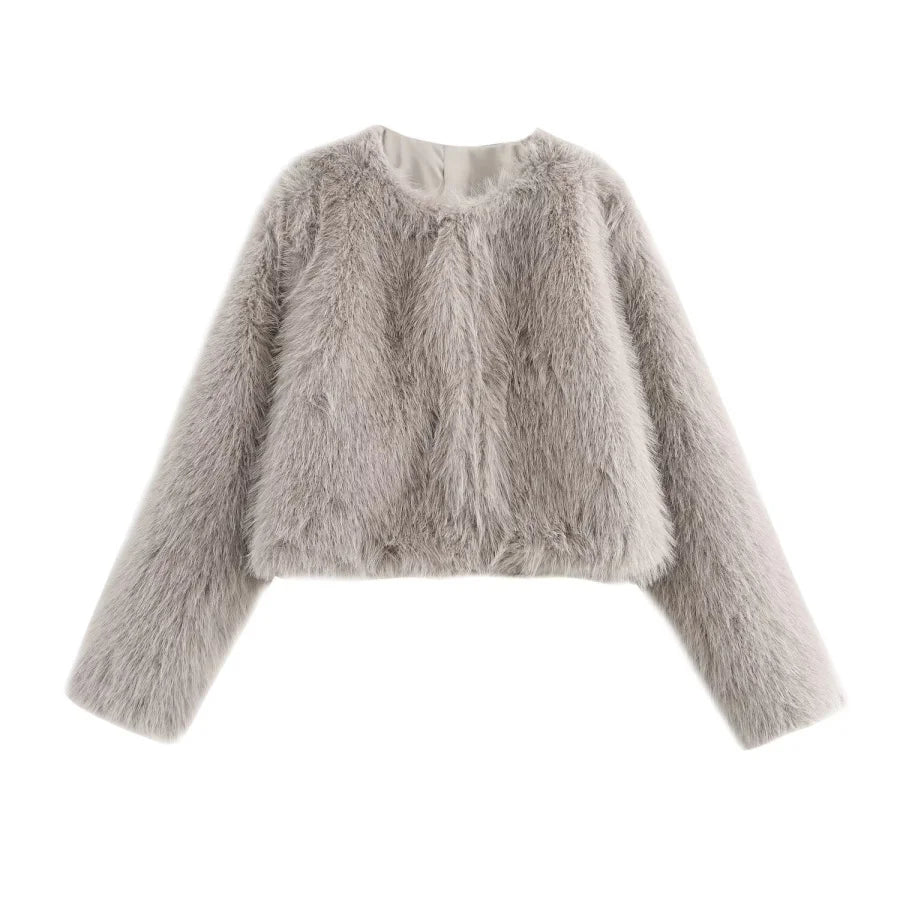 Women's Faux Fur Round Neck Short Jacket