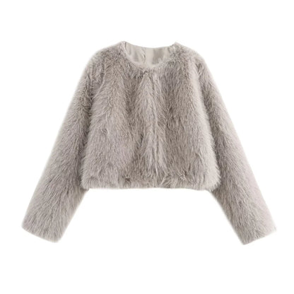 Women's Faux Fur Round Neck Short Jacket