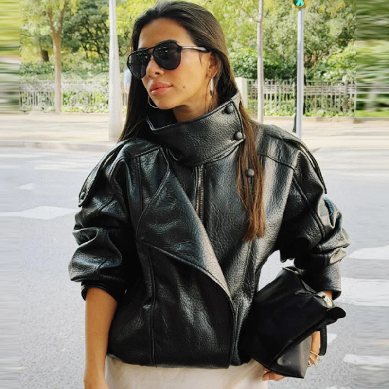 Women's Black Leather Bomber Jacket Zip-Up