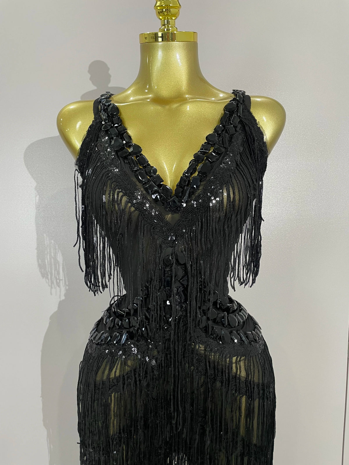 Sparkly Black Rhinestone Fringe Jumpsuit for Women
