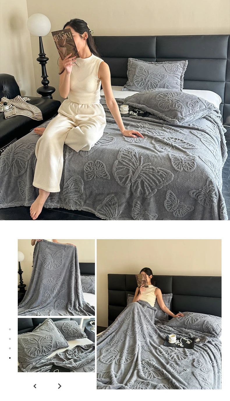 Coral Fleece Autumn Blanket with 3D Butterflies