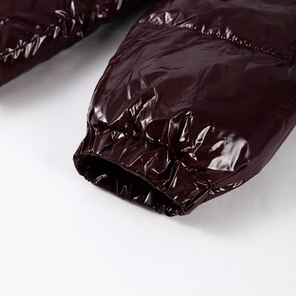 Solid Glossy Zipper Hooded Coat Women's Cotton Jacket