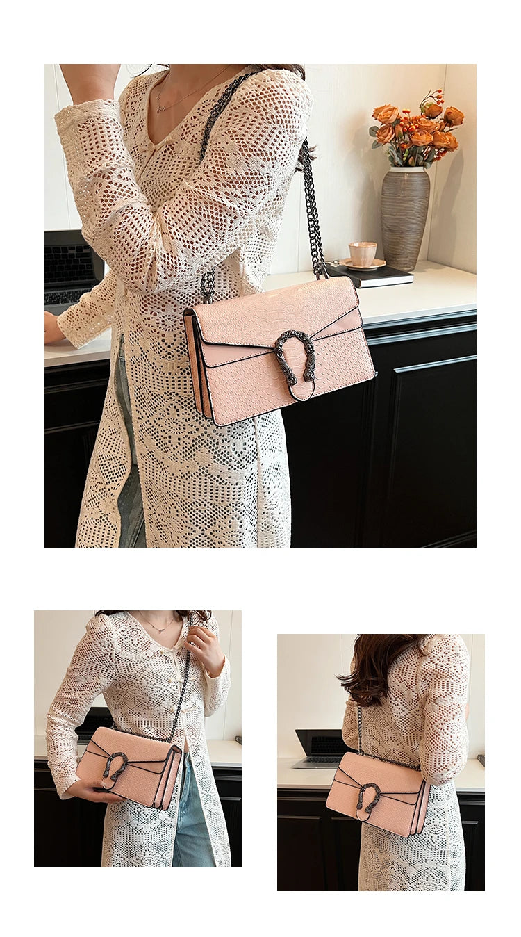 Retro Snake Pattern Chain Shoulder Bag for Women