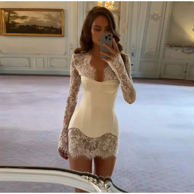 Lace Mini Dress for Women with Corset and Long Sleeves