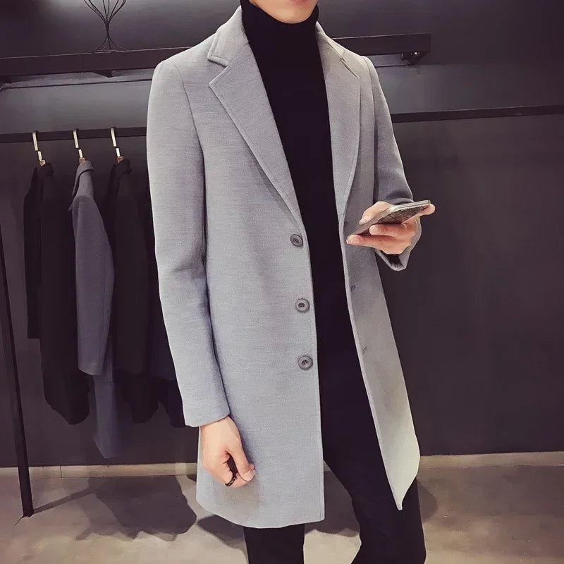 Men's Long Cotton Windbreaker Jacket Casual Slim Fit