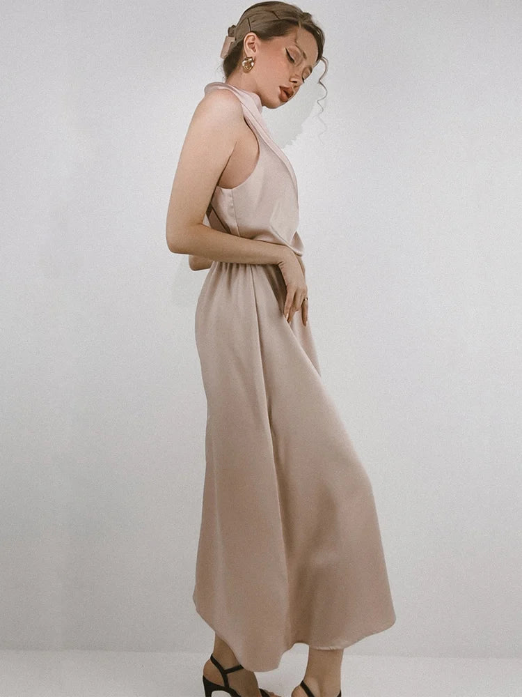 Elegant Silk Satin Sleeveless Long Dress for Women