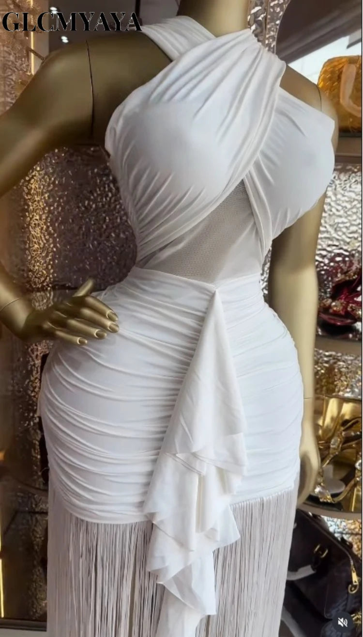 Women Halter Neck Midi Bodycon Dress with Tassels