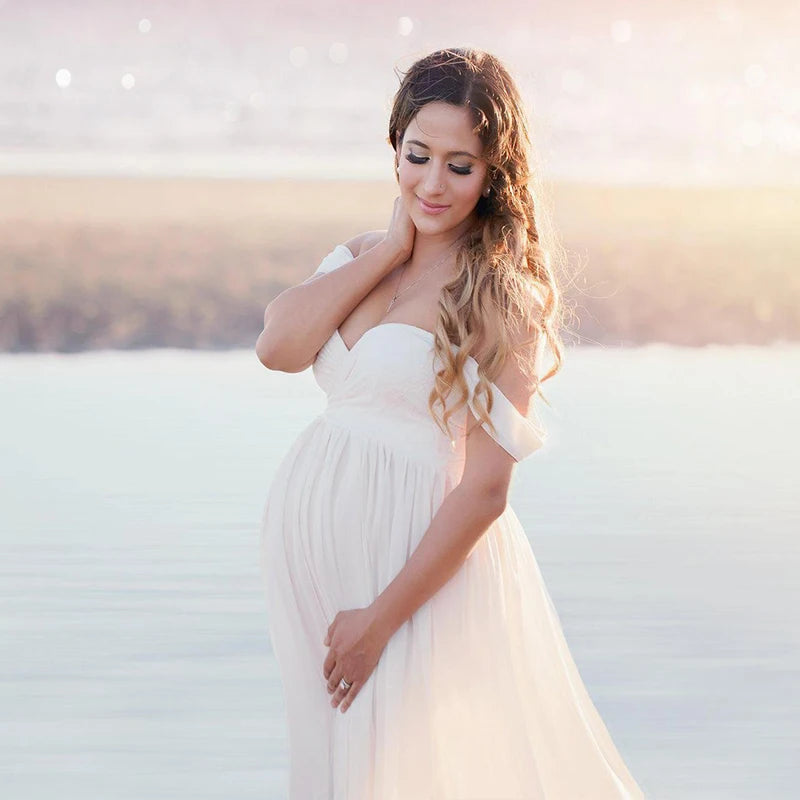 Maternity Lace Chiffon Front Split Dress in Coral Color