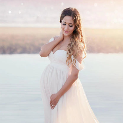 Maternity Lace Chiffon Front Split Dress in Coral Color