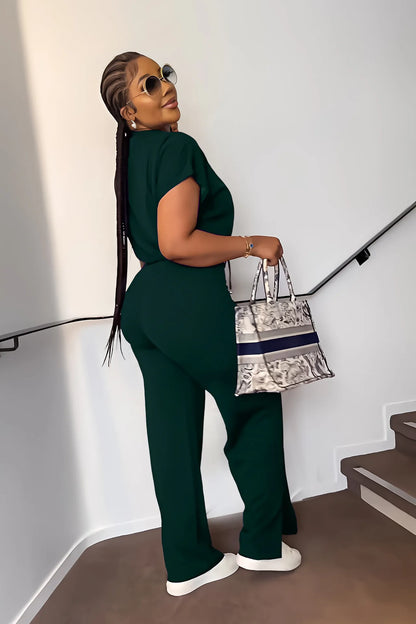 Women Casual Short Sleeve Drawstring Top and High Waist Pants Set