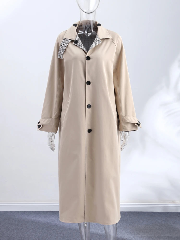 Double-Sided Long Trench Coat for Women with Pockets