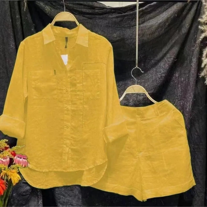 Cotton Linen Casual White Shirt and Shorts Set