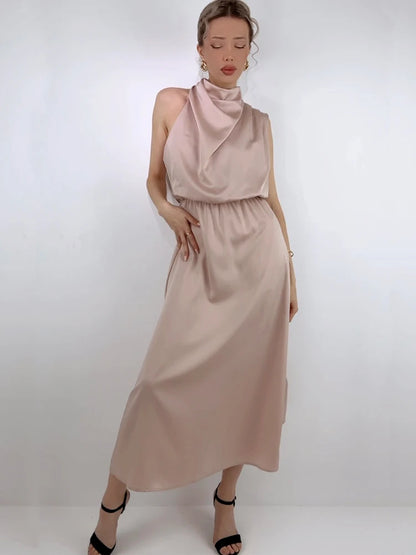 Elegant Silk Satin Sleeveless Long Dress for Women