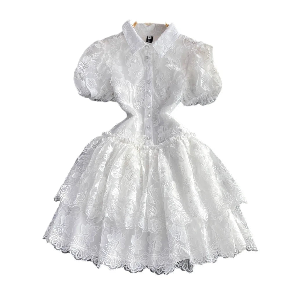 Women Vintage Lace Mini Dress with Puff Sleeves