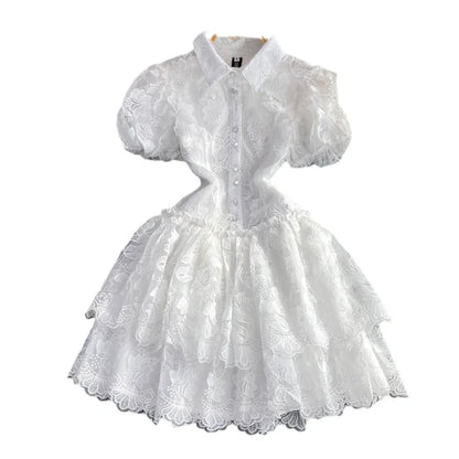 Women Vintage Lace Mini Dress with Puff Sleeves
