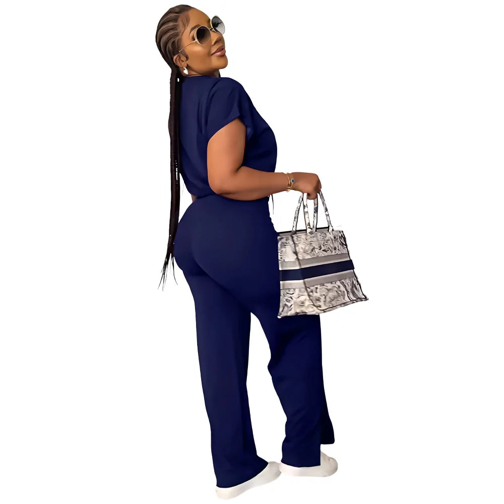 Women Casual Short Sleeve Drawstring Top and High Waist Pants Set