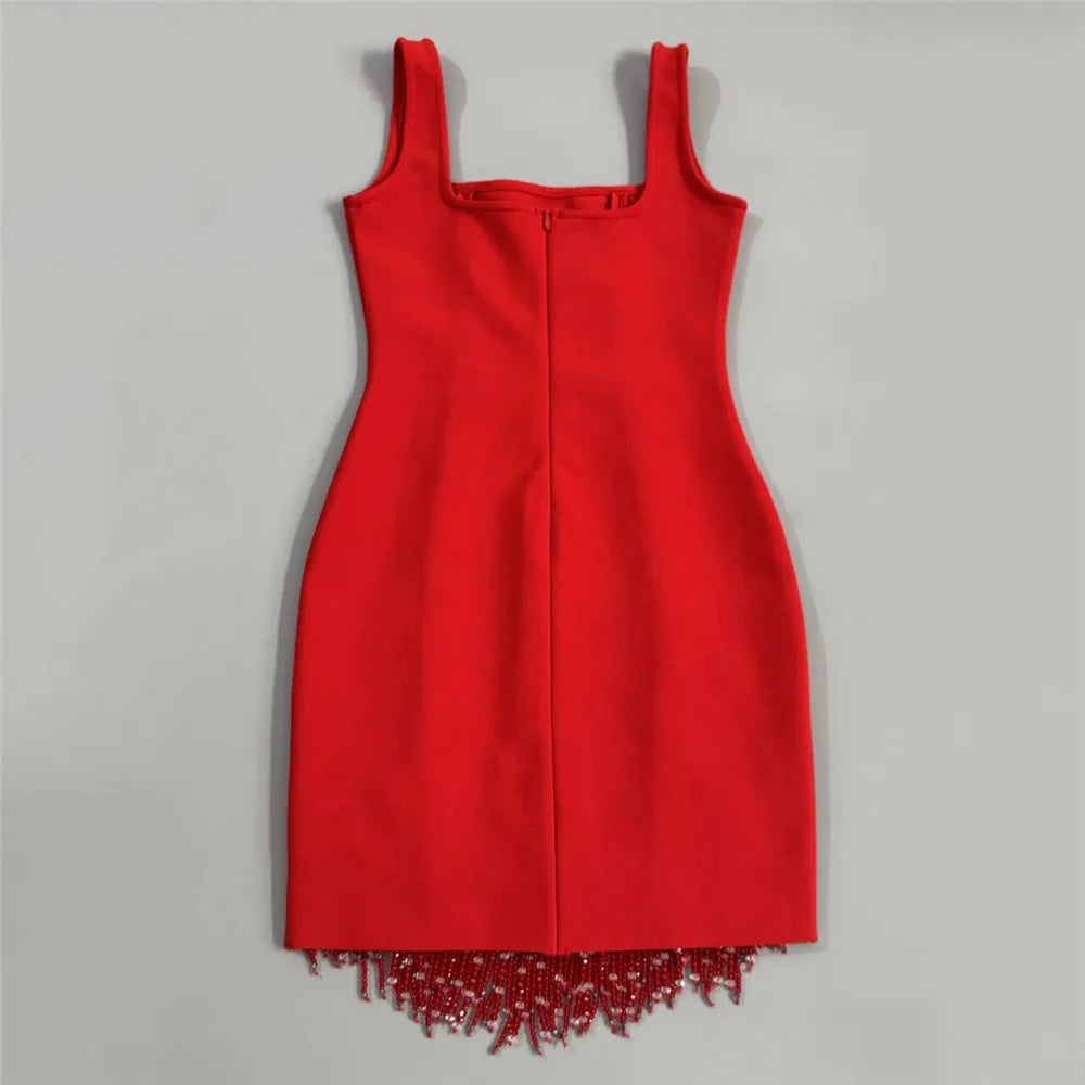 Women Sleeveless Bandage Dress with Beading and Tassels