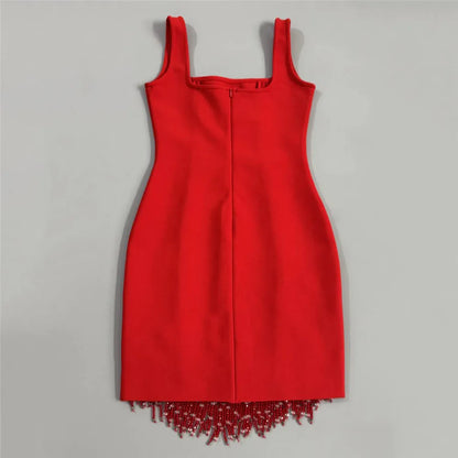 Women Sleeveless Bandage Dress with Beading and Tassels