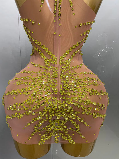 Sparkly Rhinestones Mesh See Through Dress for Women