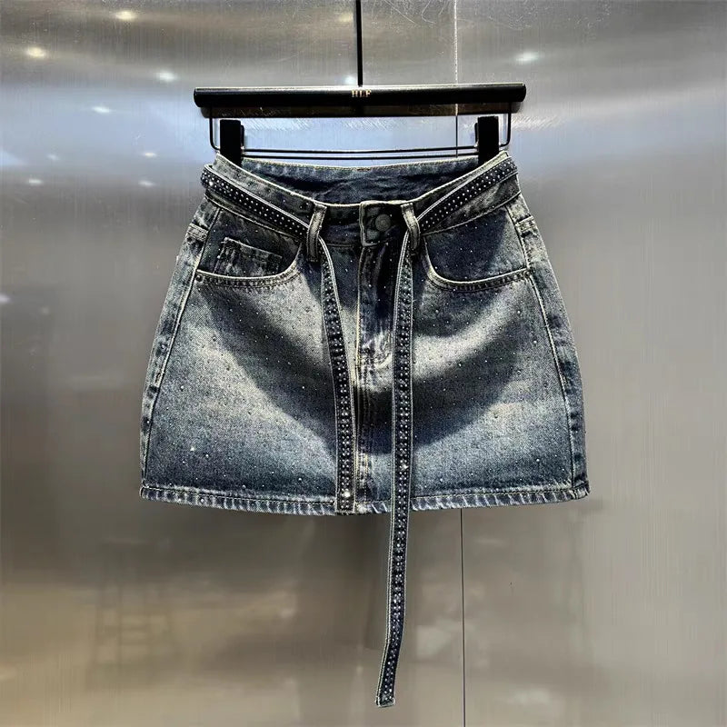 Oversize Diamond Denim Mini Skirt Women Gradient Black Grey
