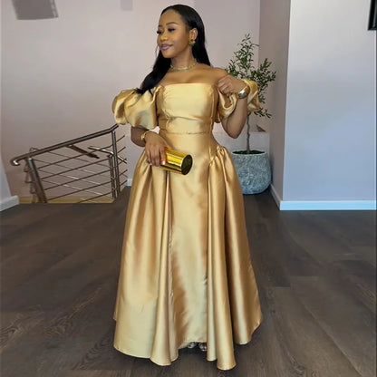 Gold Solid A-line Maxi Dress with Puff Sleeves