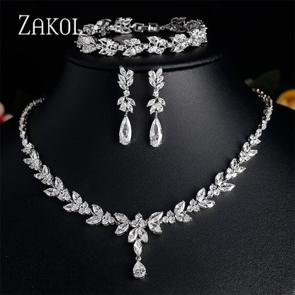 ZAKOL Brilliant Zirconia Leaf Jewelry Set for Women