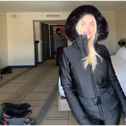 Fur-Trimmed Hooded One-Piece Ski Suit for Women