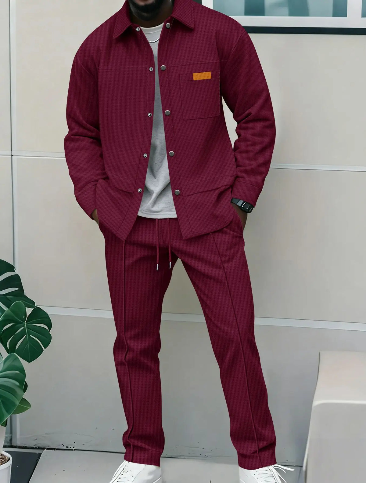 Men's Casual Waffle Pocket Jacket Set in Polyester