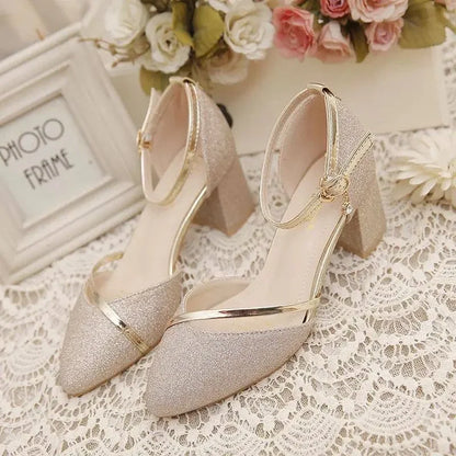 Black High-Heeled Shoes for Women - Silver and Gold
