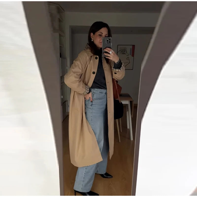 Double-Sided Long Trench Coat for Women with Pockets