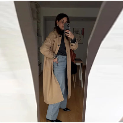 Double-Sided Long Trench Coat for Women with Pockets