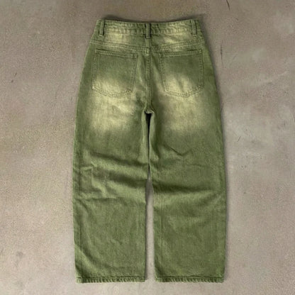 Matcha Green Denim Jeans with Embroidery
