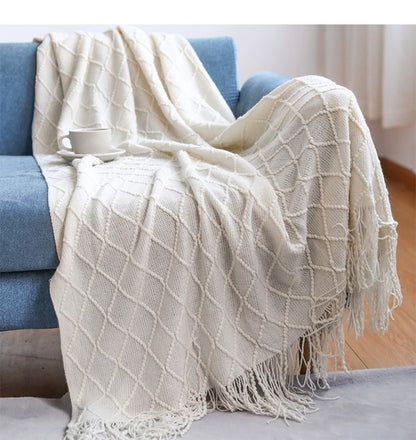 Khaki Knitted Acrylic Blanket with Tassels
