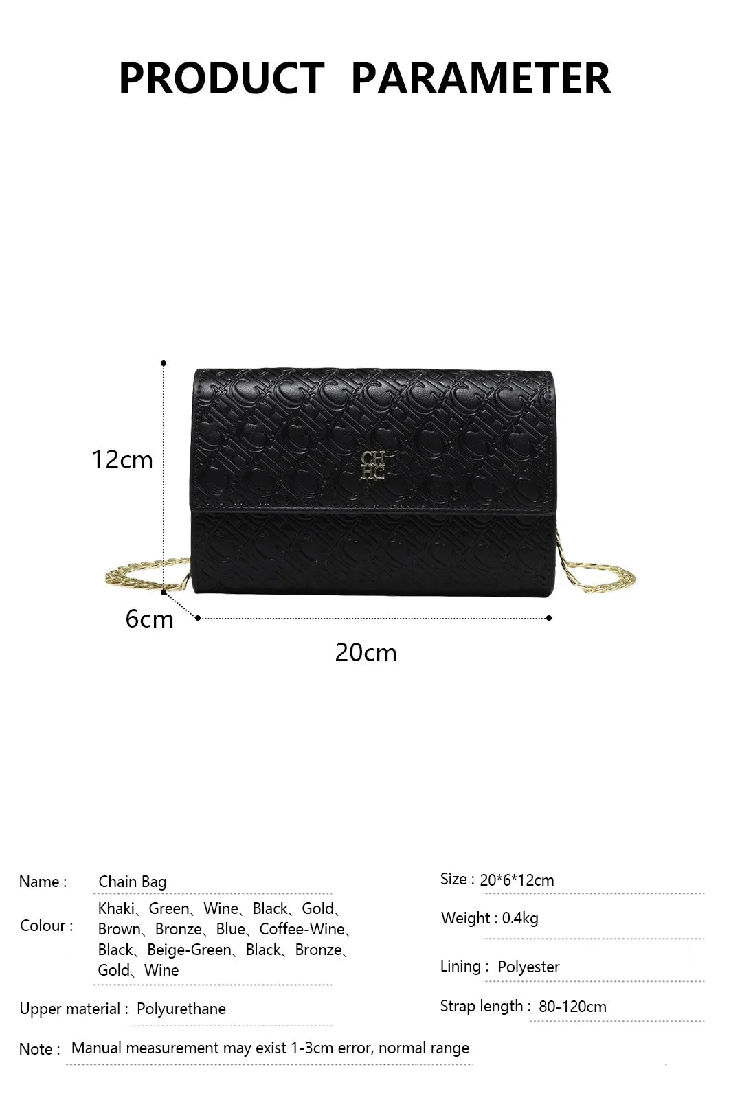 CH Women PU Leather Crossbody Bag with Metal Chain