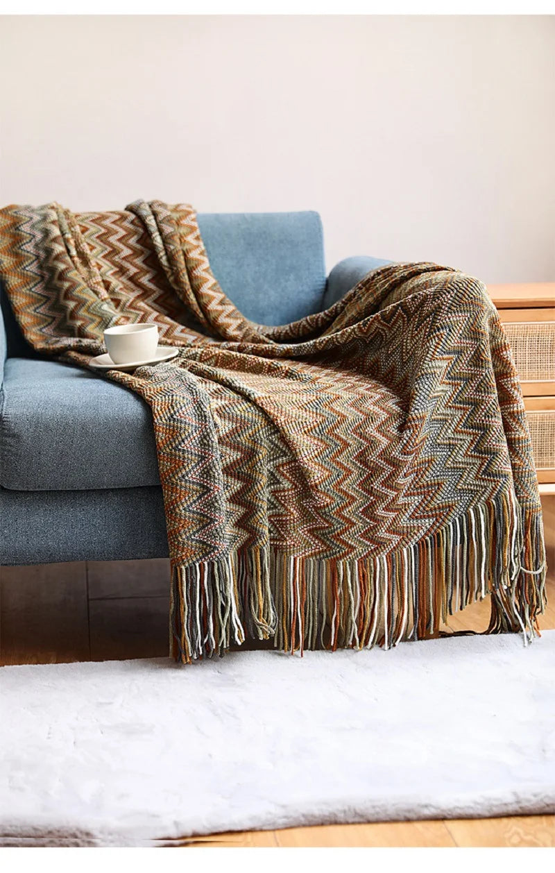 Bohemian Acrylic Hand Knitted Blanket with Tassels