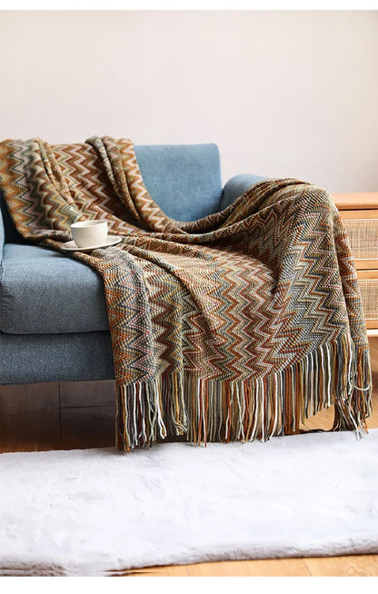 Bohemian Acrylic Hand Knitted Blanket with Tassels