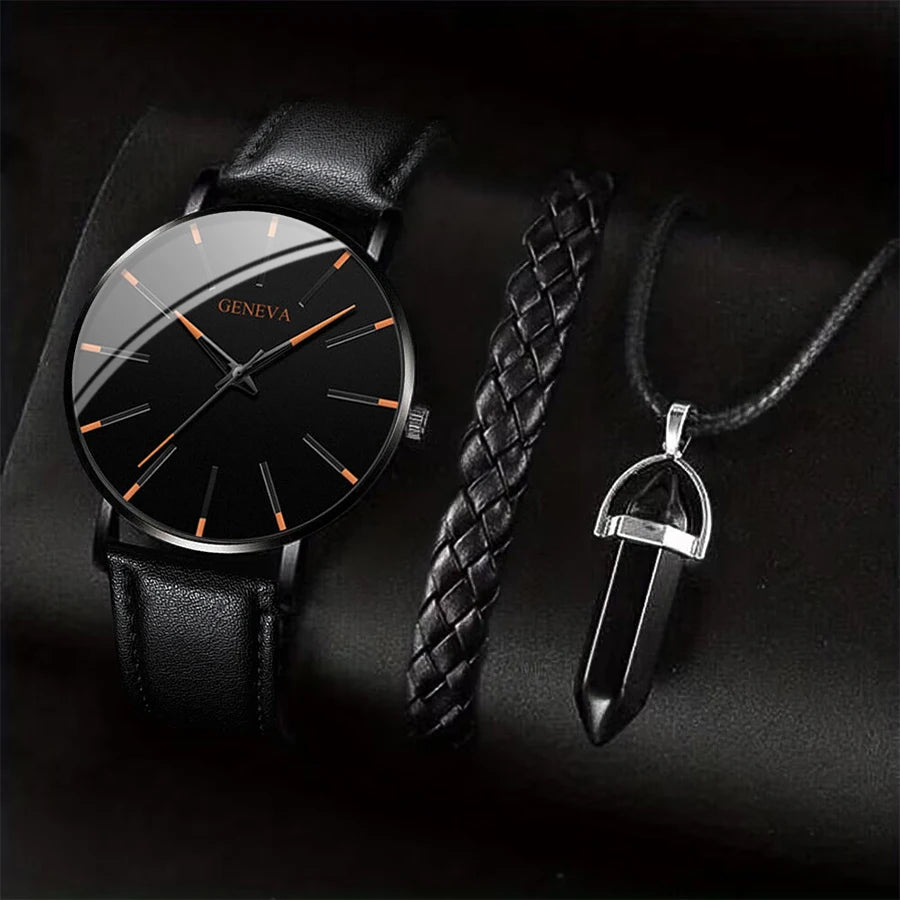 Men's Quartz Watch Set with Leather Band and Accessories